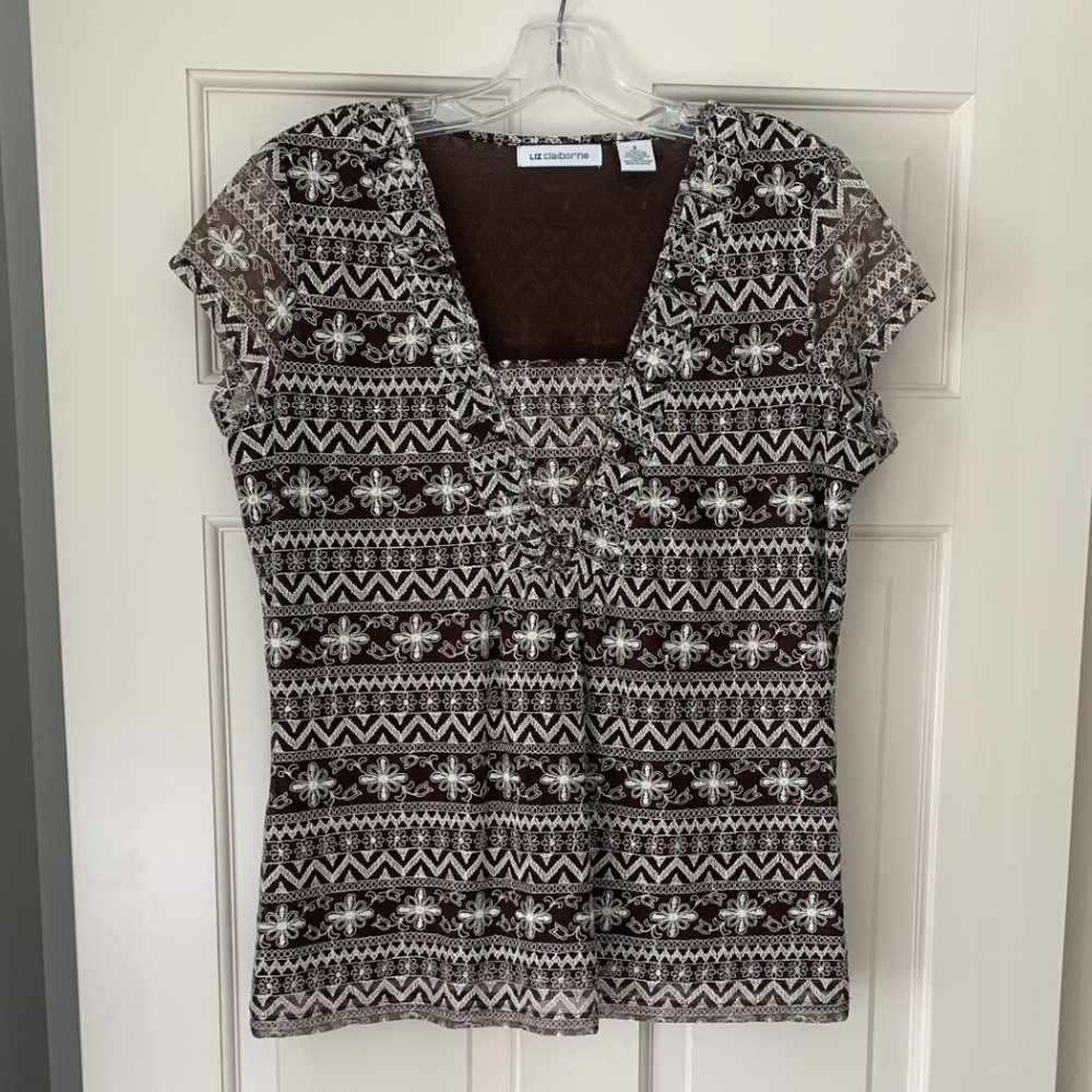 2/$25 Liz Claiborne Brown/Ivory Sheer Embroidered top - Size Small